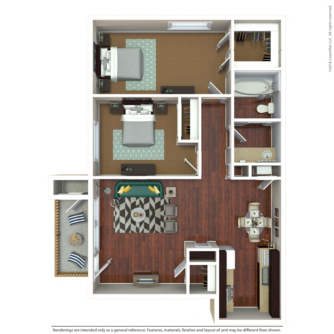 Floor plan for 2 beds, 1 bath, 830 sqft